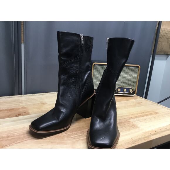 Franco Sarto Stevie Womens 7 Black Leather Side Zipper Square Toe Mid-Calf Boots - Picture 4 of 9